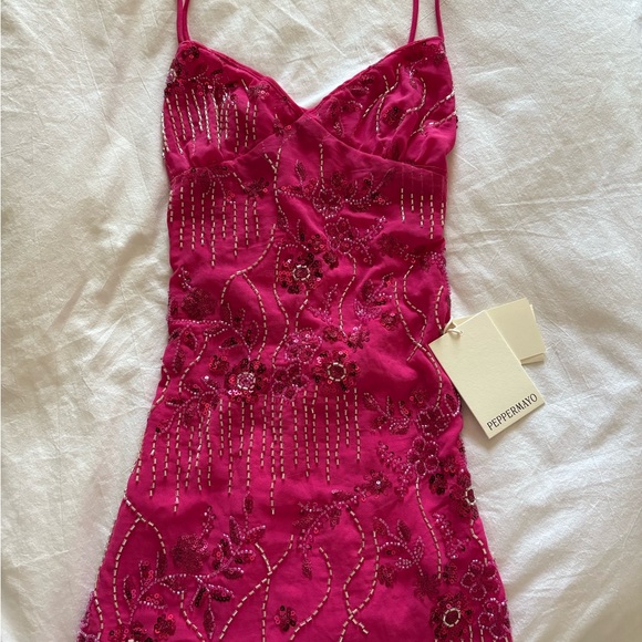 Peppermayo Dresses & Skirts - Peppermayo Hot Pink Beaded Slip Dress